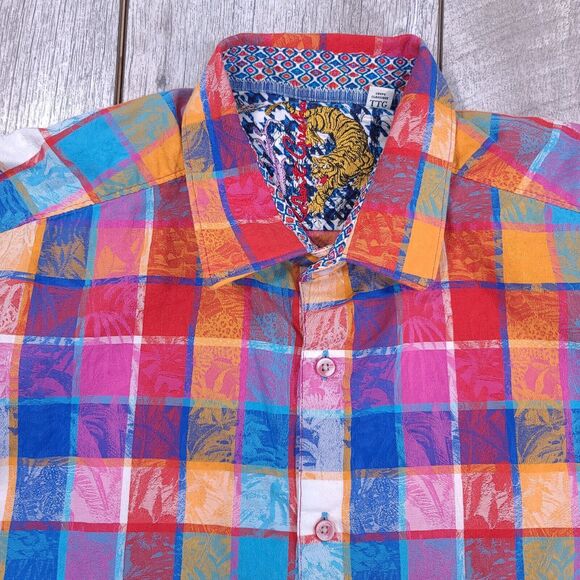 Robert Graham Mens Palm Tree Shirt Size XXL Short Sleeve Plaid Button Camp Top - Picture 1 of 6